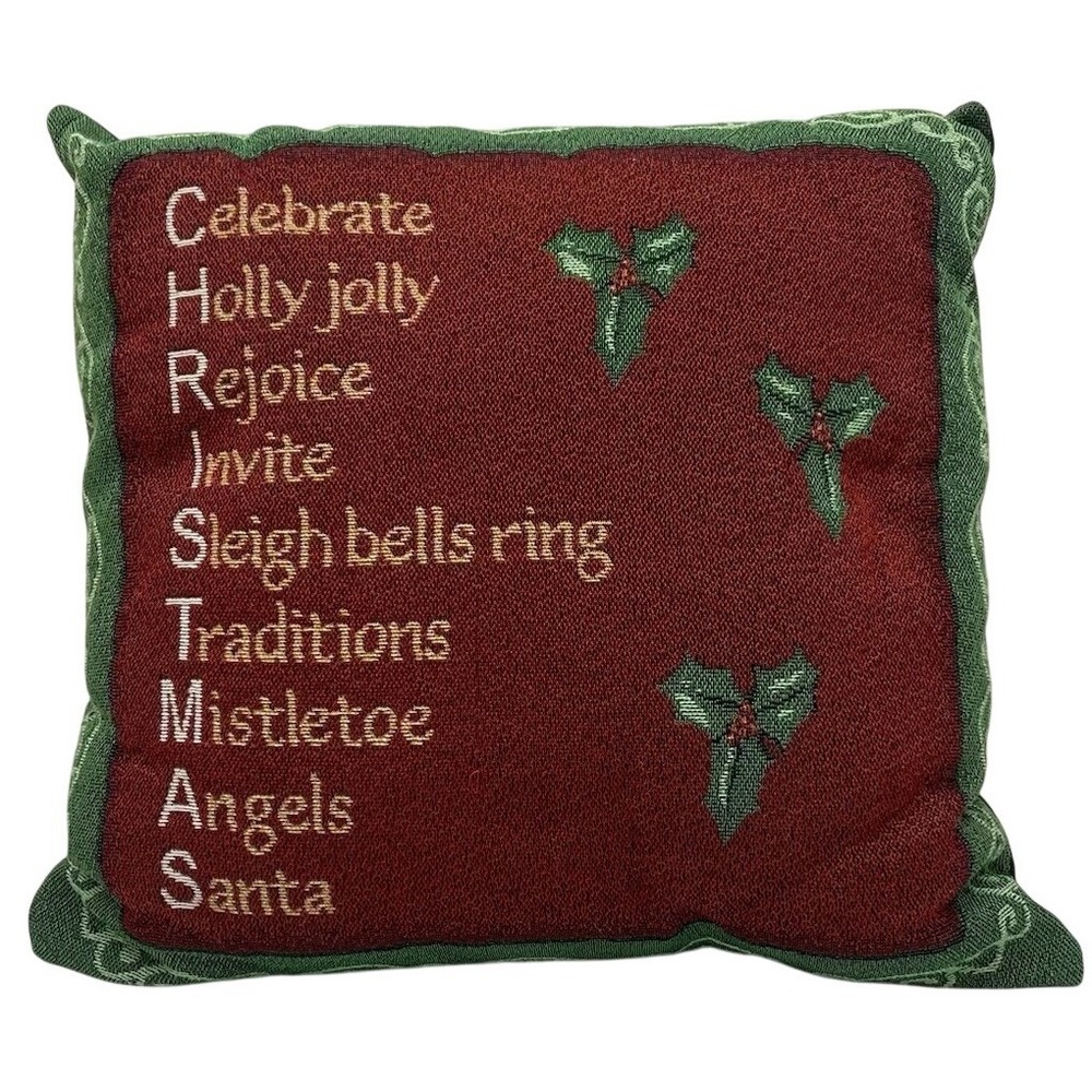 Christmas Tapestry Pillow 16x16 Red Green Holly‎ Accent Cushion Holiday Decor